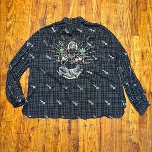 Embroidered Ganesha Black White Check Plaid Popover Shirt Cotton Oversized L‎